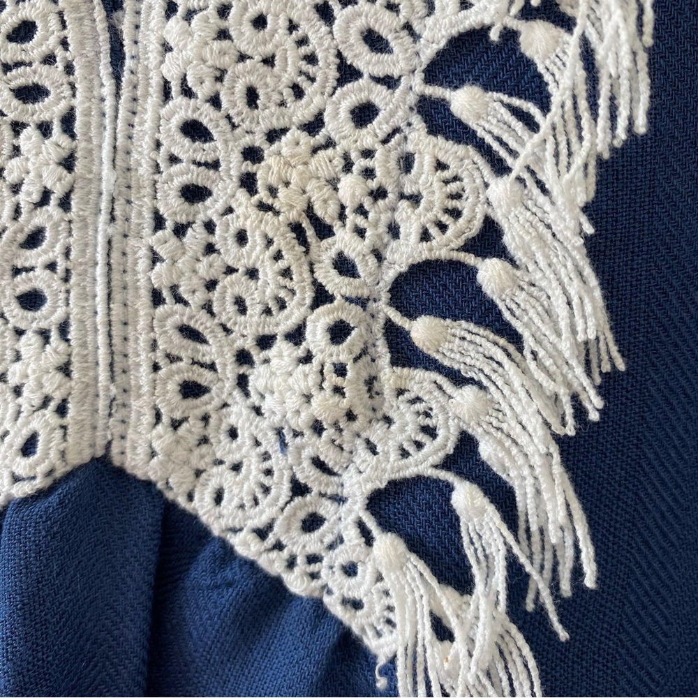 Cute English Factory Ruffle Mini Dress with Lace Trim & Flounce Sleeves Navy XS - Picture 9 of 16